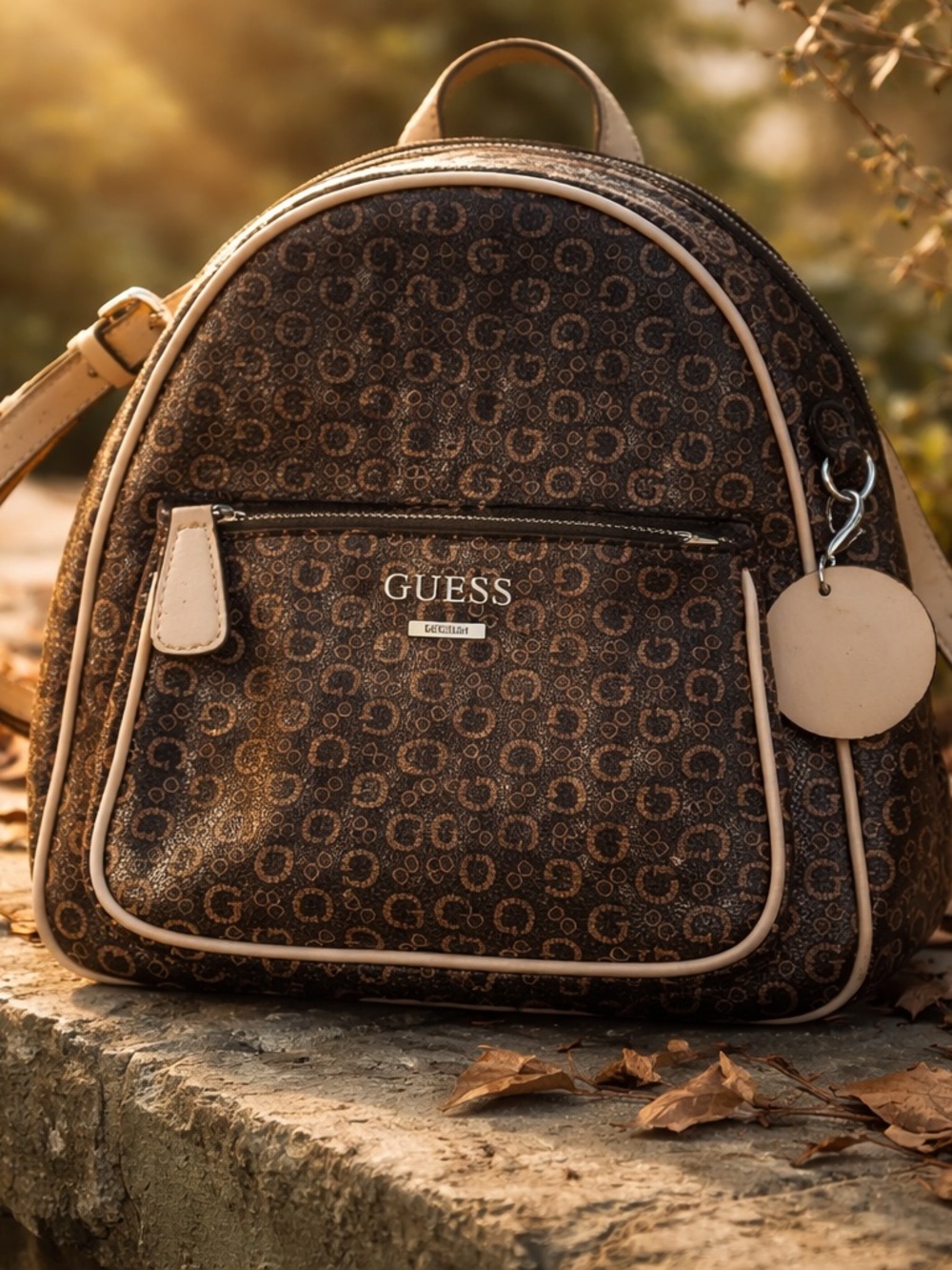 GUESS Brown Logo Mini Backpack with Cream Trim